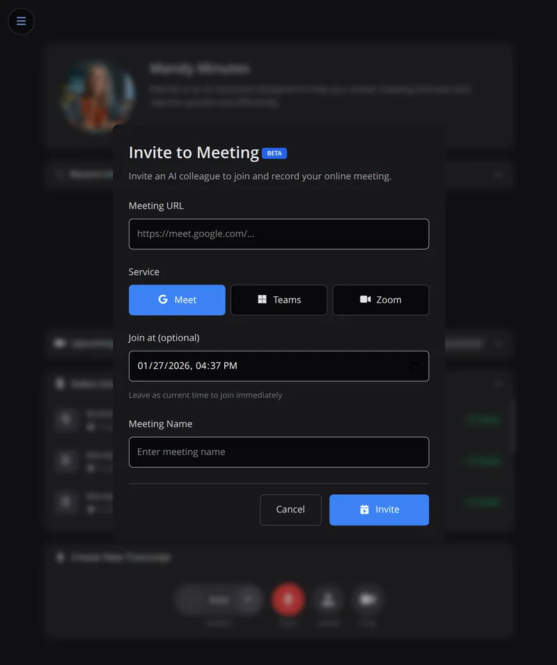 Invite Mandy to join your Google Meet, Microsoft Teams, or Zoom meetings live