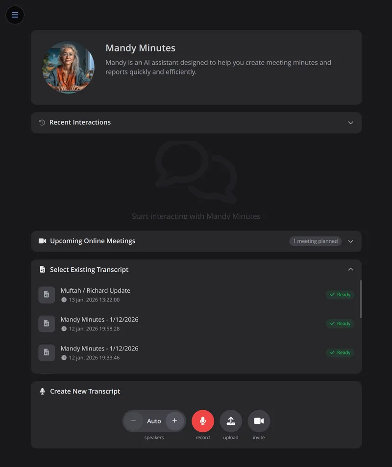 Your dashboard: upcoming meetings, existing transcriptions, and multiple ways to create new ones
