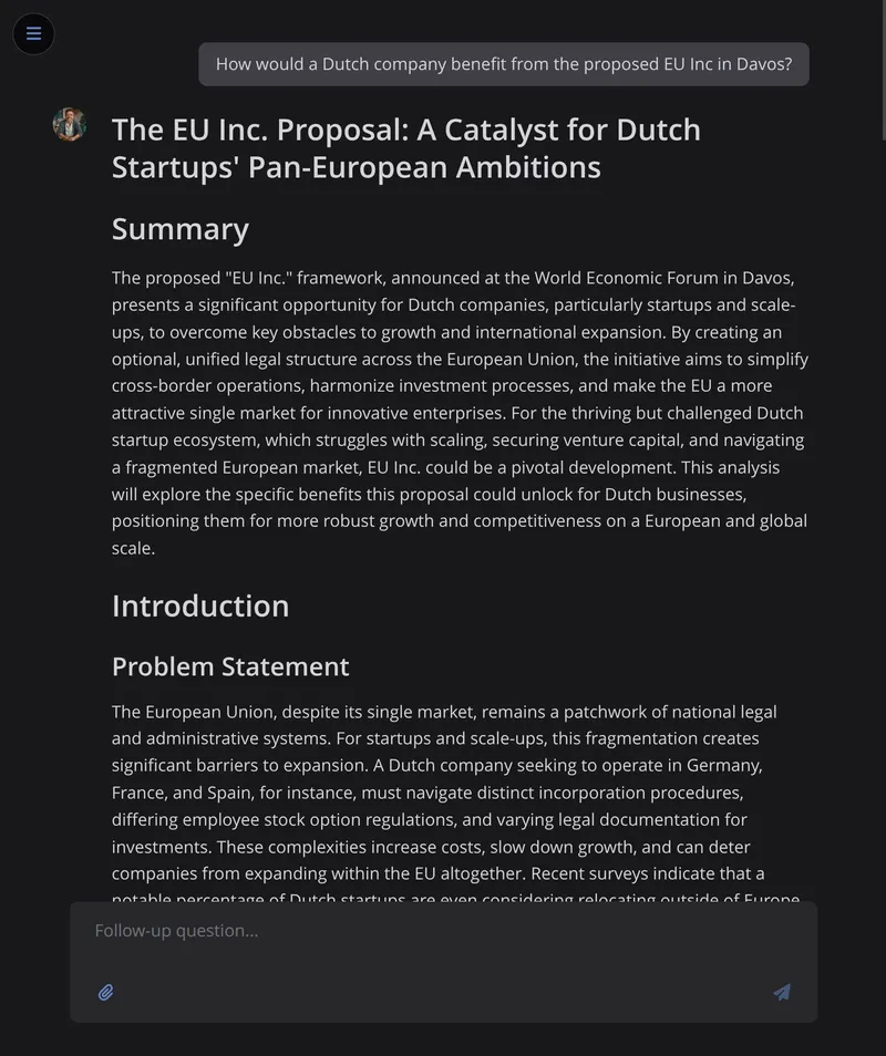 Get structured research reports with summaries, key findings, and detailed analysis