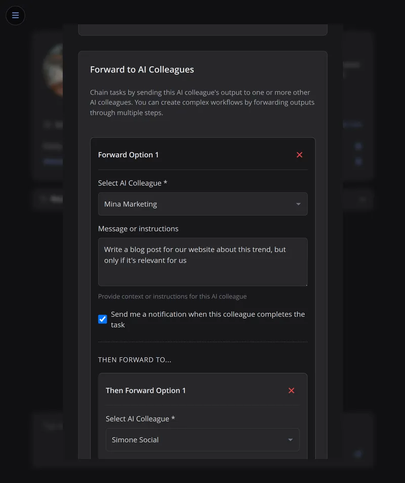 Chain AI colleagues together: forward Timo's findings to create content or trigger workflows